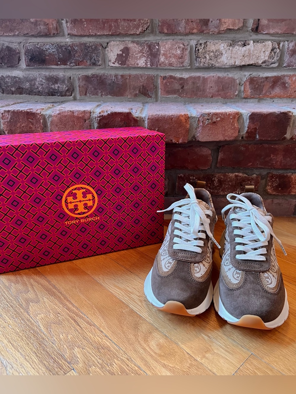 Tory Burch Hazel Brown T Monogram Jacquard Good Luck Trainer Sneakers